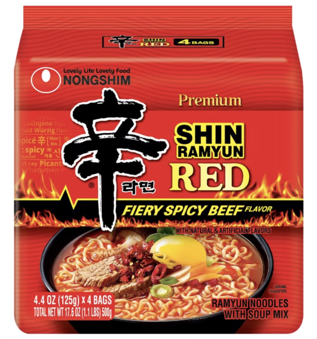 Nongshim Premium Shin Ramyun Red 4 Pack, Fiery Spicy Beef Flavor, Dried Vegetable Flakes, Ramyun Noodles with Soup Mix