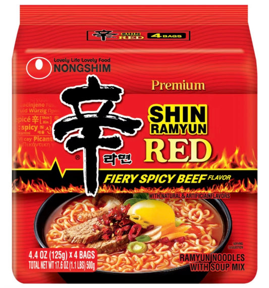 Nongshim Premium Shin Ramyun Red 4 Pack, Fiery Spicy Beef Flavor, Dried Vegetable Flakes, Ramyun Noodles with Soup Mix